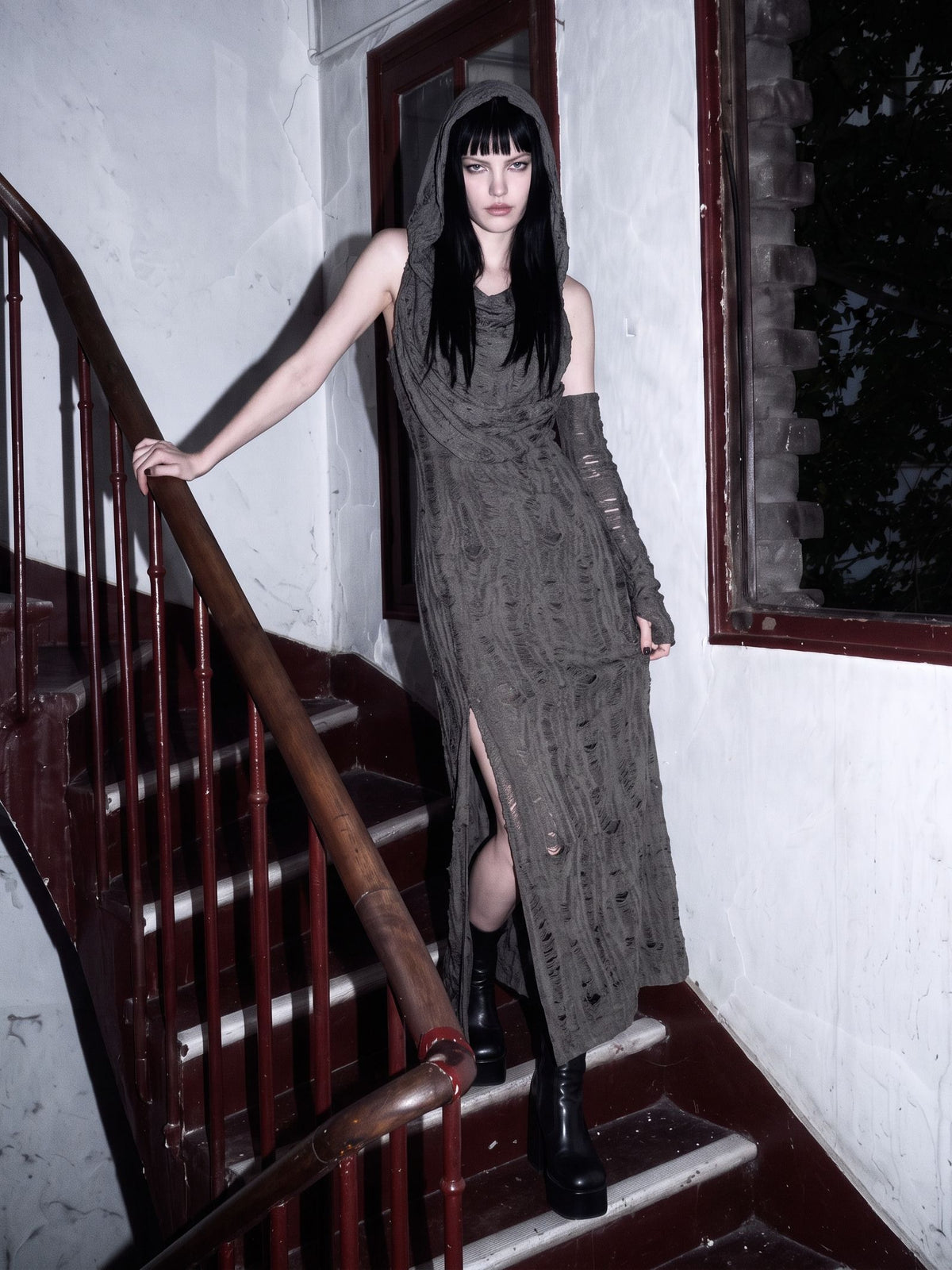 Distressed Hooded Slit Maxi Dress