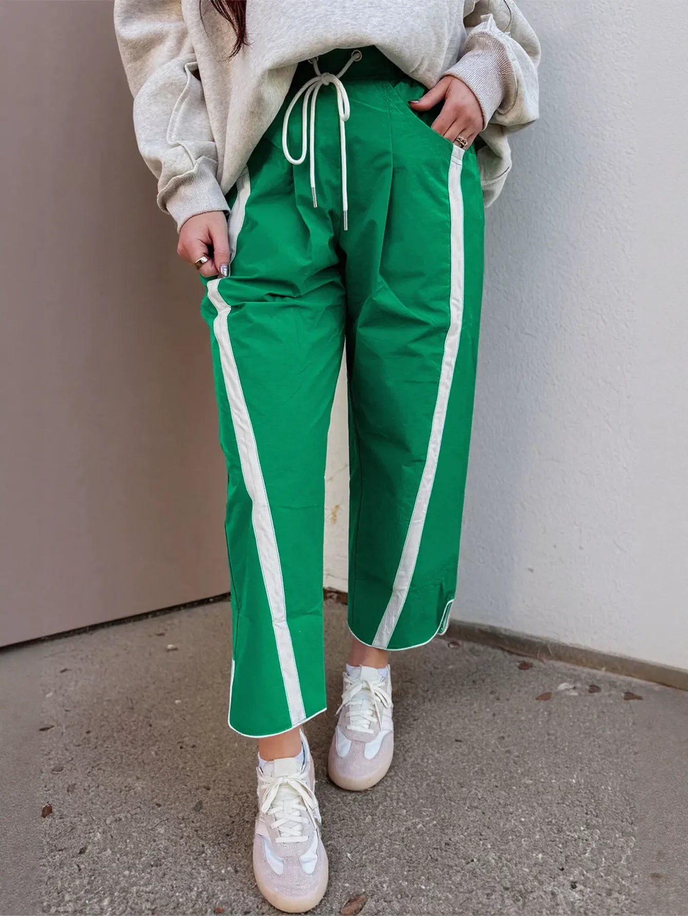 High Waisted Drawstring Side Stripe Pants