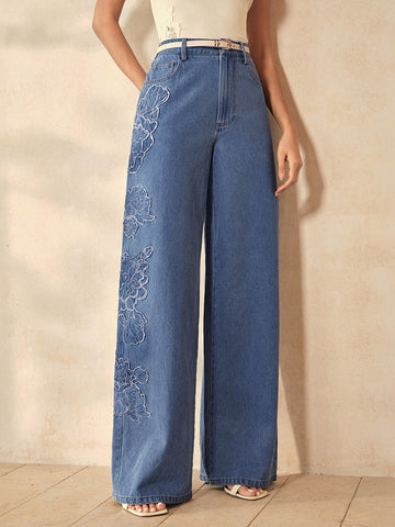 Embroidered High Waisted Wide Leg Jeans
