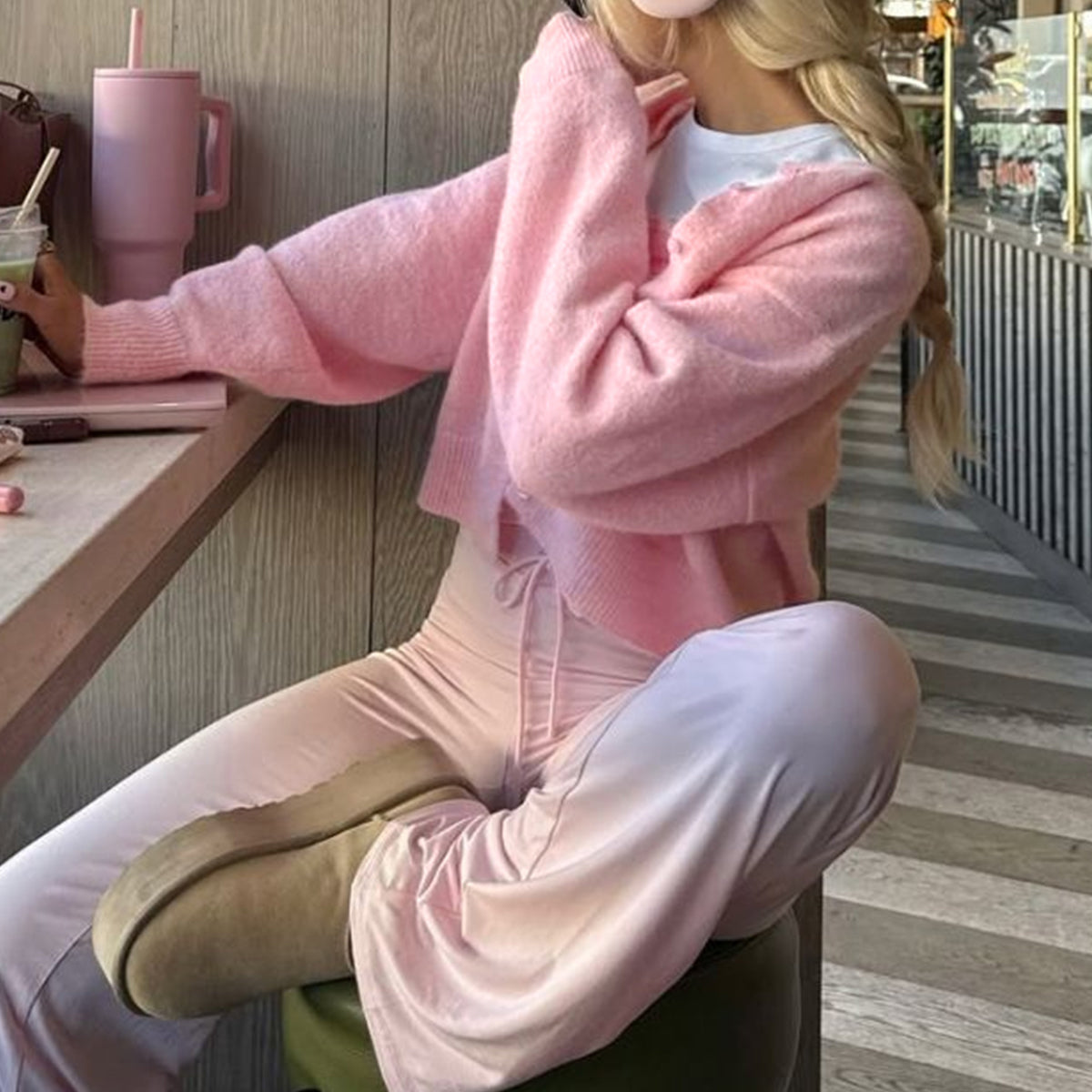Soft Pink Crewneck Knit Cardigan