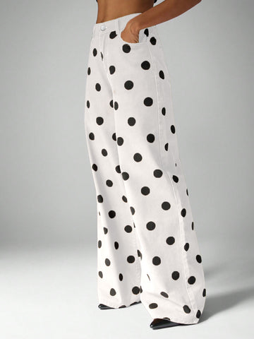 High Waisted Polka Dot Wide Leg Jeans