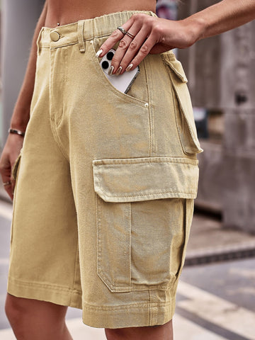 High Waisted Cargo Denim Shorts