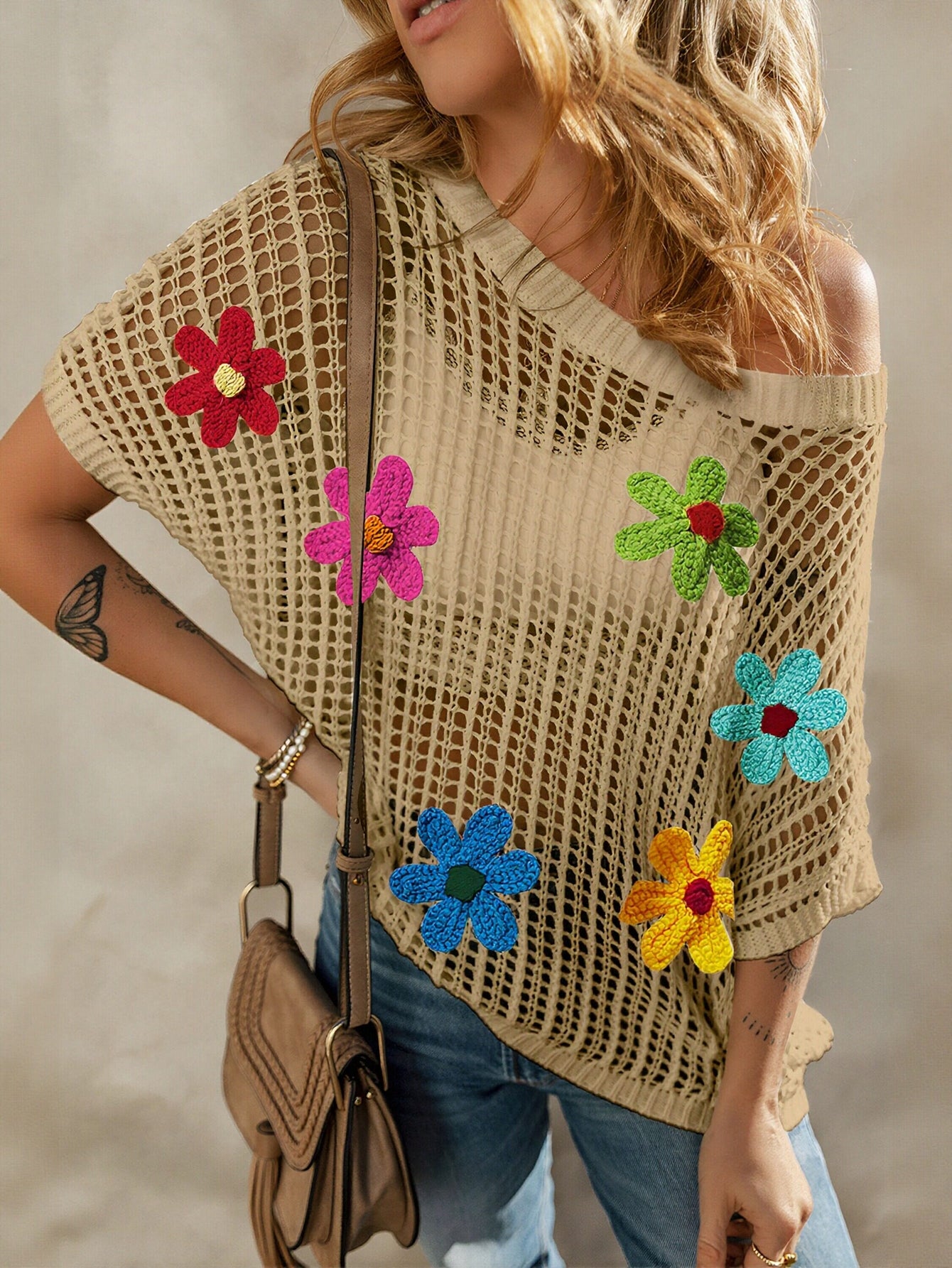 Floral Crochet Short Sleeve Sweater