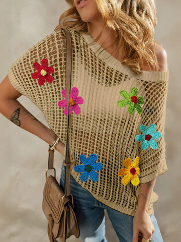 Floral Crochet Short Sleeve Sweater