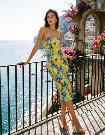 MAIA Floral Print Strapless Sheath Midi Dress