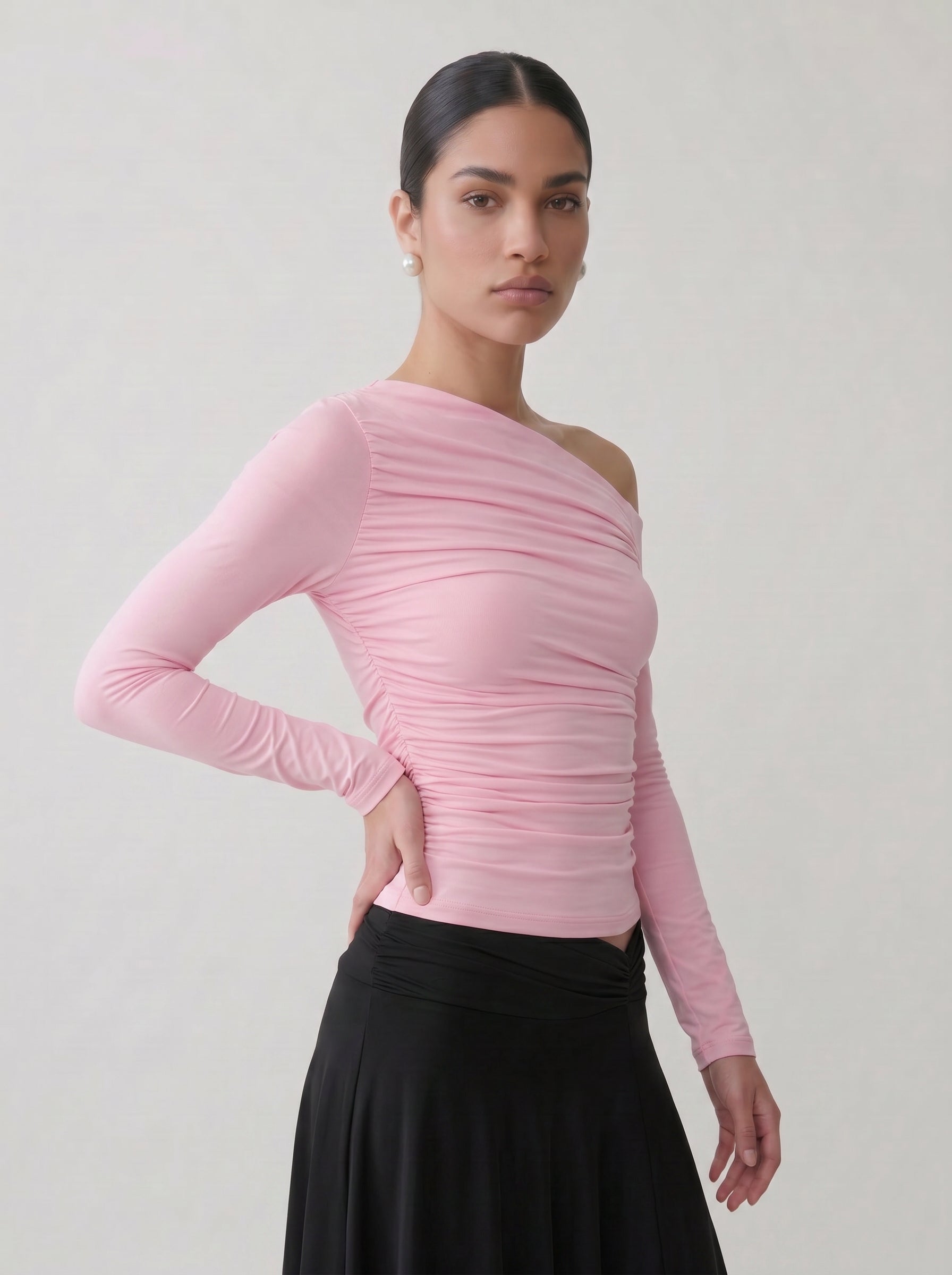 Ruched One Shoulder Long Sleeve Top