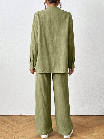 Loose-Fit Shirt Matching Wide-Leg Pants Casual Set