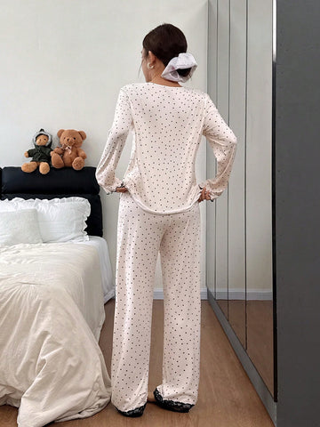 Lace Trim Polka Dot Pajama Set
