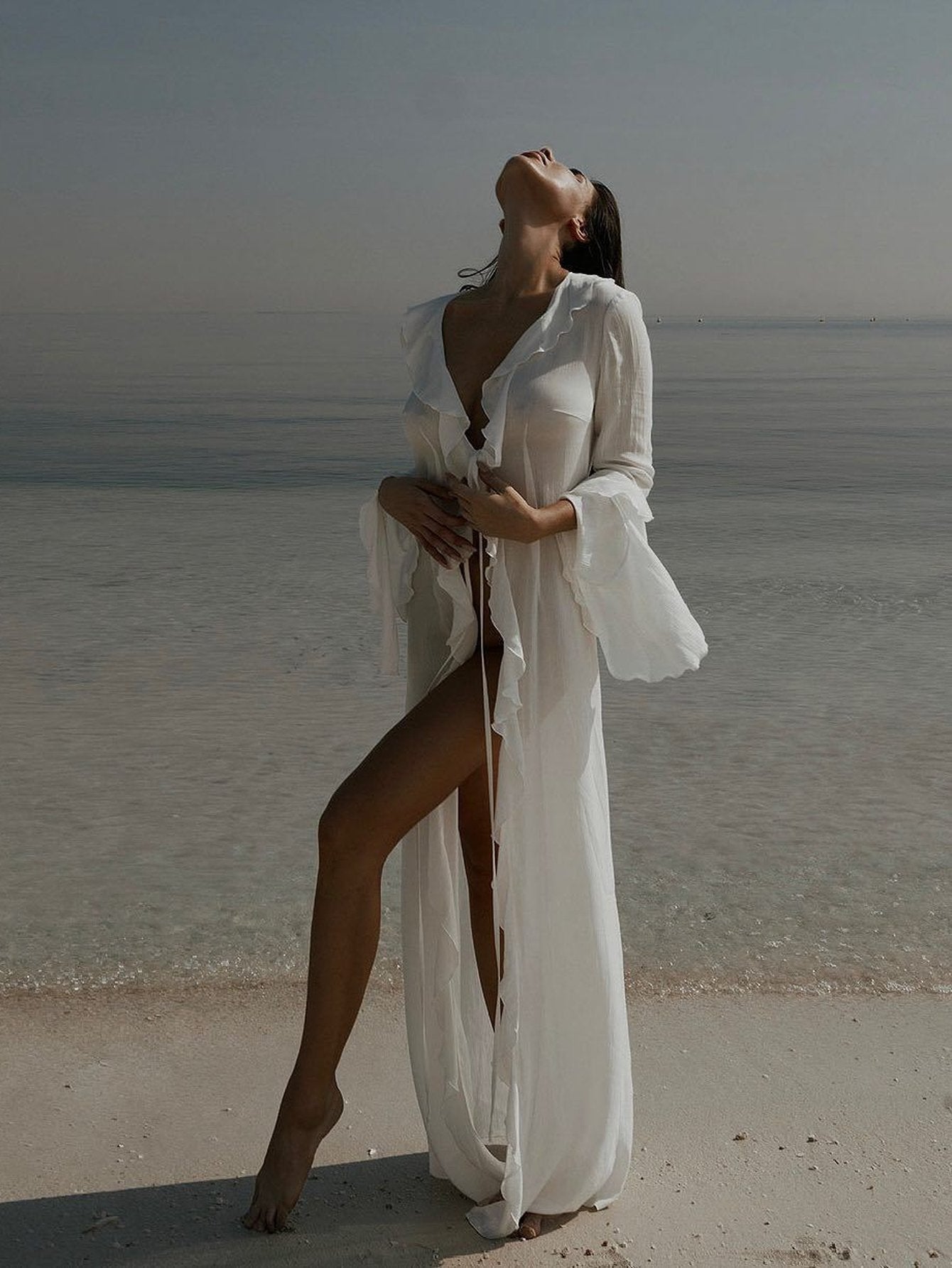 Ruffled Plunge Maxi Beach Coverup