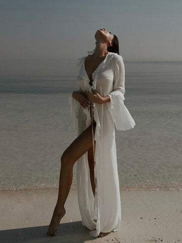 Ruffled Plunge Maxi Beach Coverup