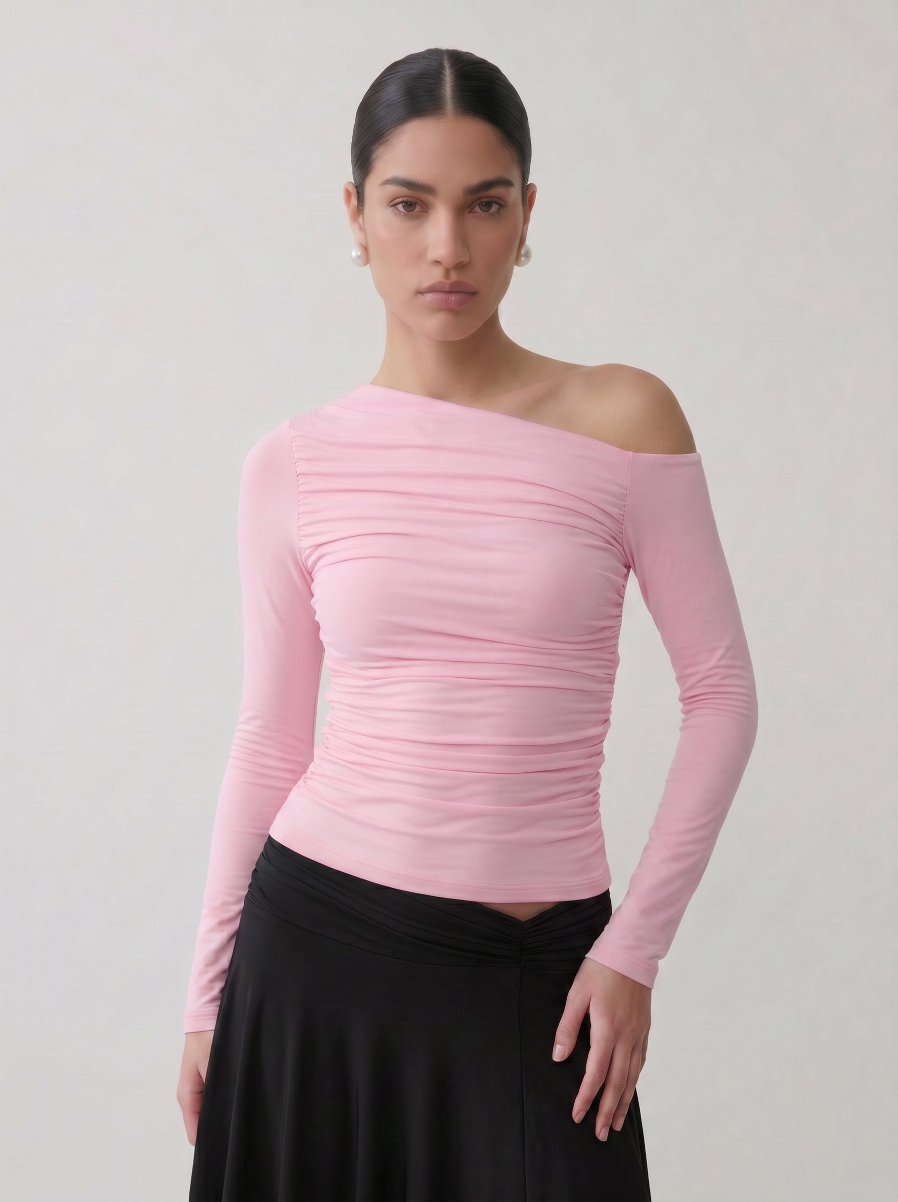 Ruched One Shoulder Long Sleeve Top