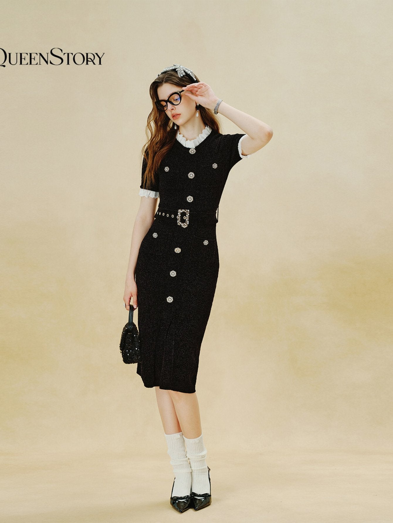 Elegant Tweed Belted Midi Dress