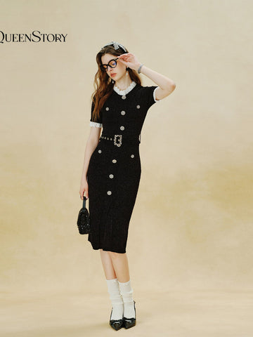 Elegant Tweed Belted Midi Dress