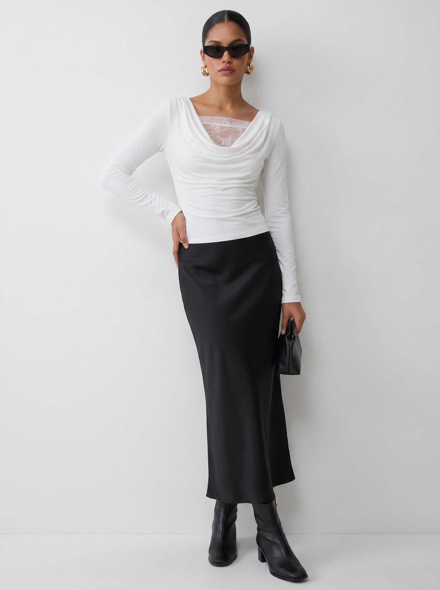 Elegant Lace Trim Cowl Neck T-shirt
