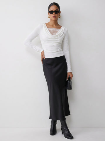Elegant Lace Trim Cowl Neck T-shirt