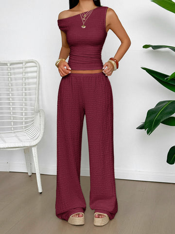 One Shoulder Ribbed Knit Pants Set