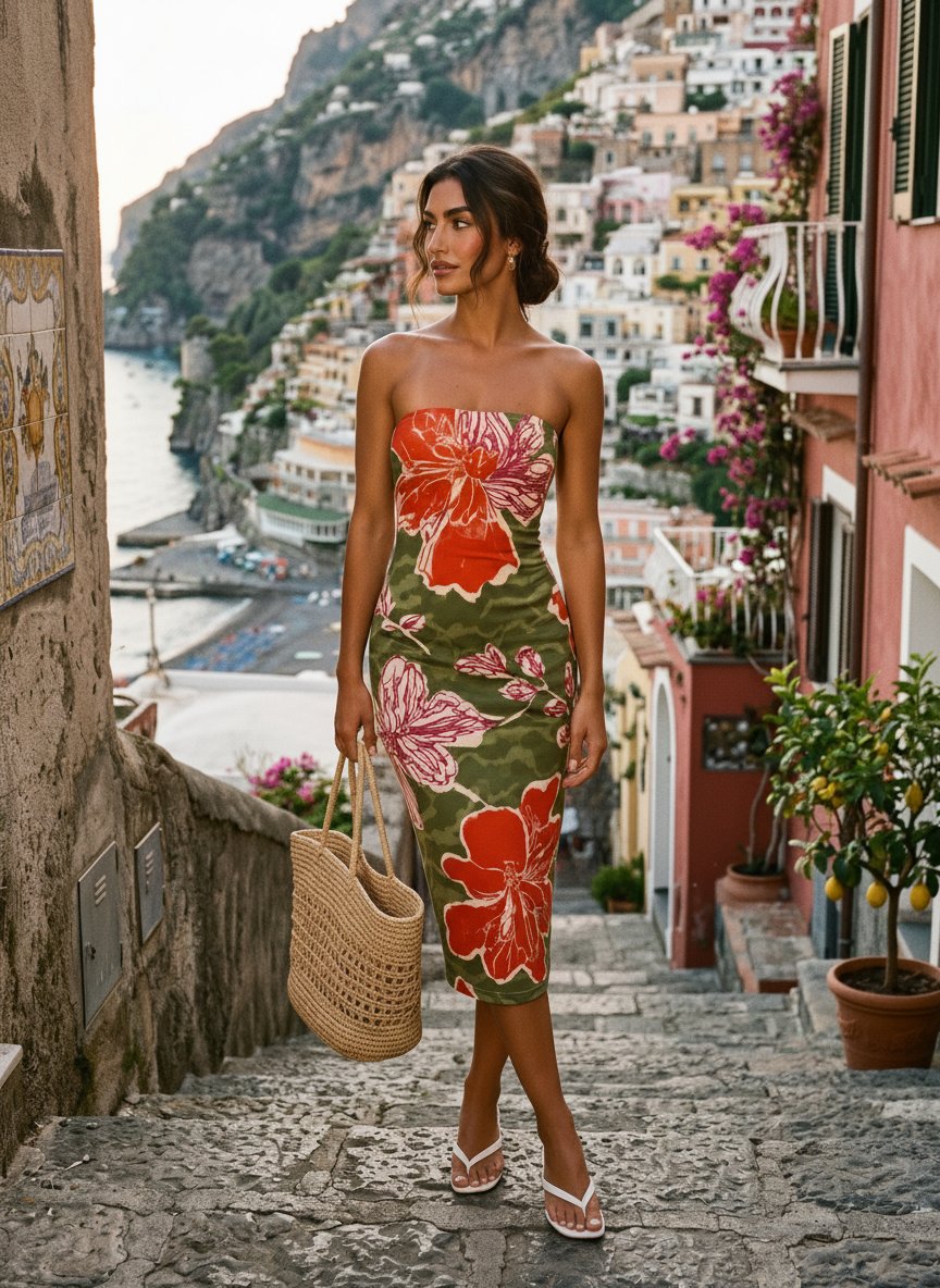 MAIA Floral Print Strapless Sheath Midi Dress