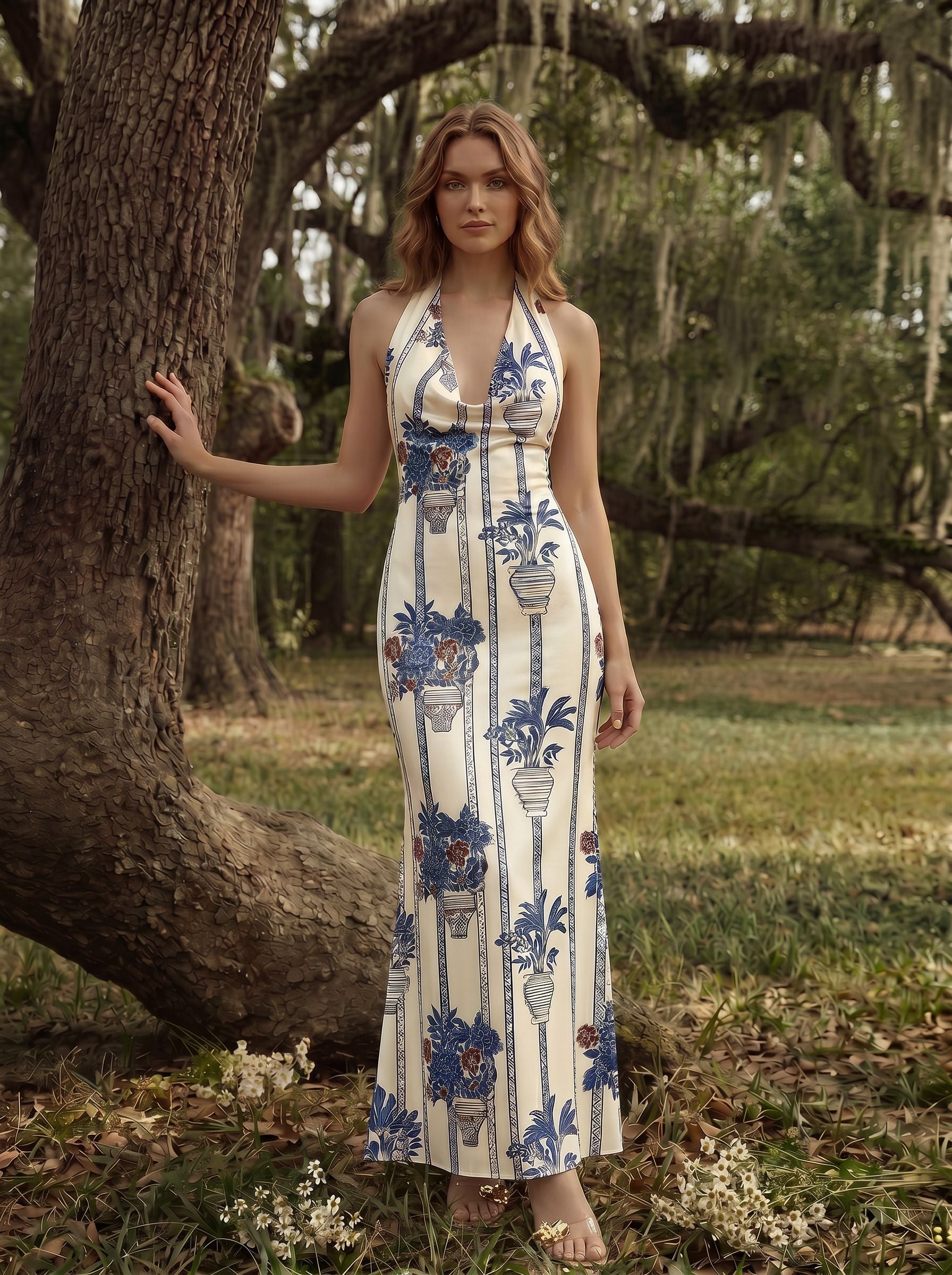 LILA Floral Print Cowl Neck Bodycon Midi Dress