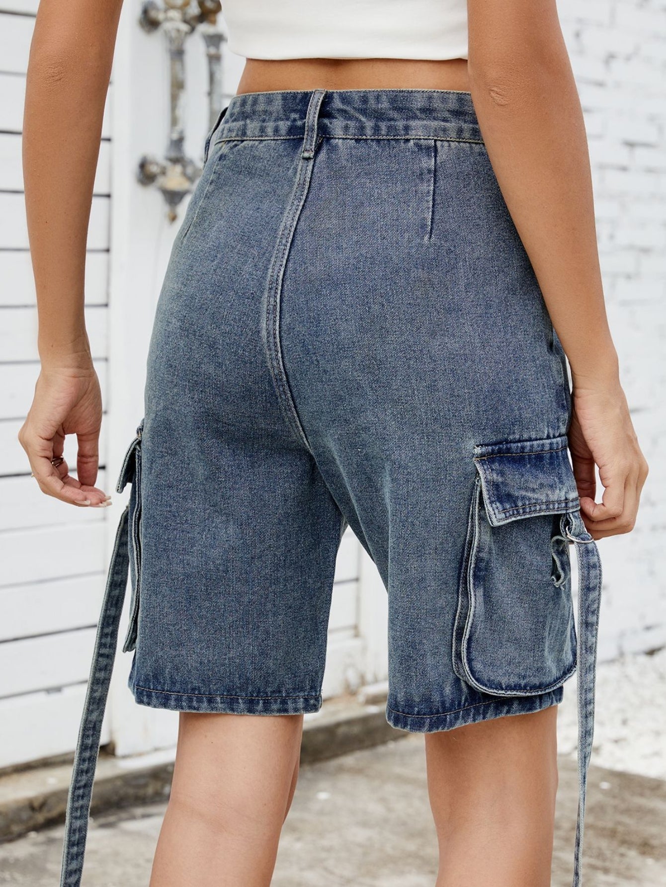 High Waisted Cargo Denim Shorts
