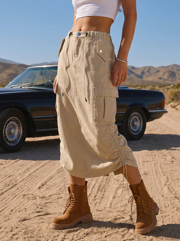 High Waisted Drawstring Denim Midi Skirt