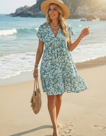 EVA Floral Print V Neck Tiered Babydoll Mini Dress