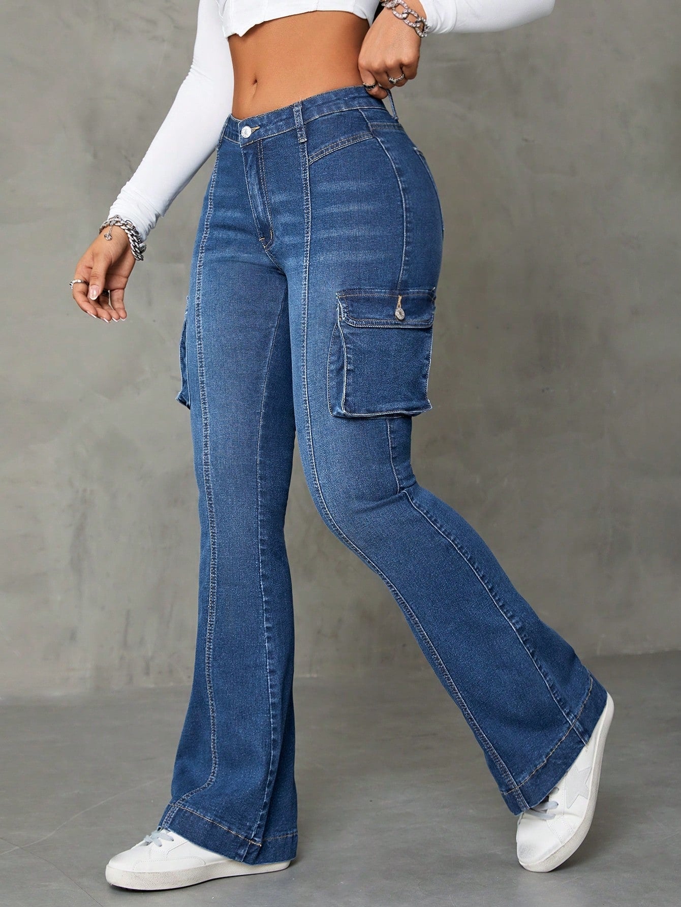 High Rise Seamed Cargo Flare Jeans