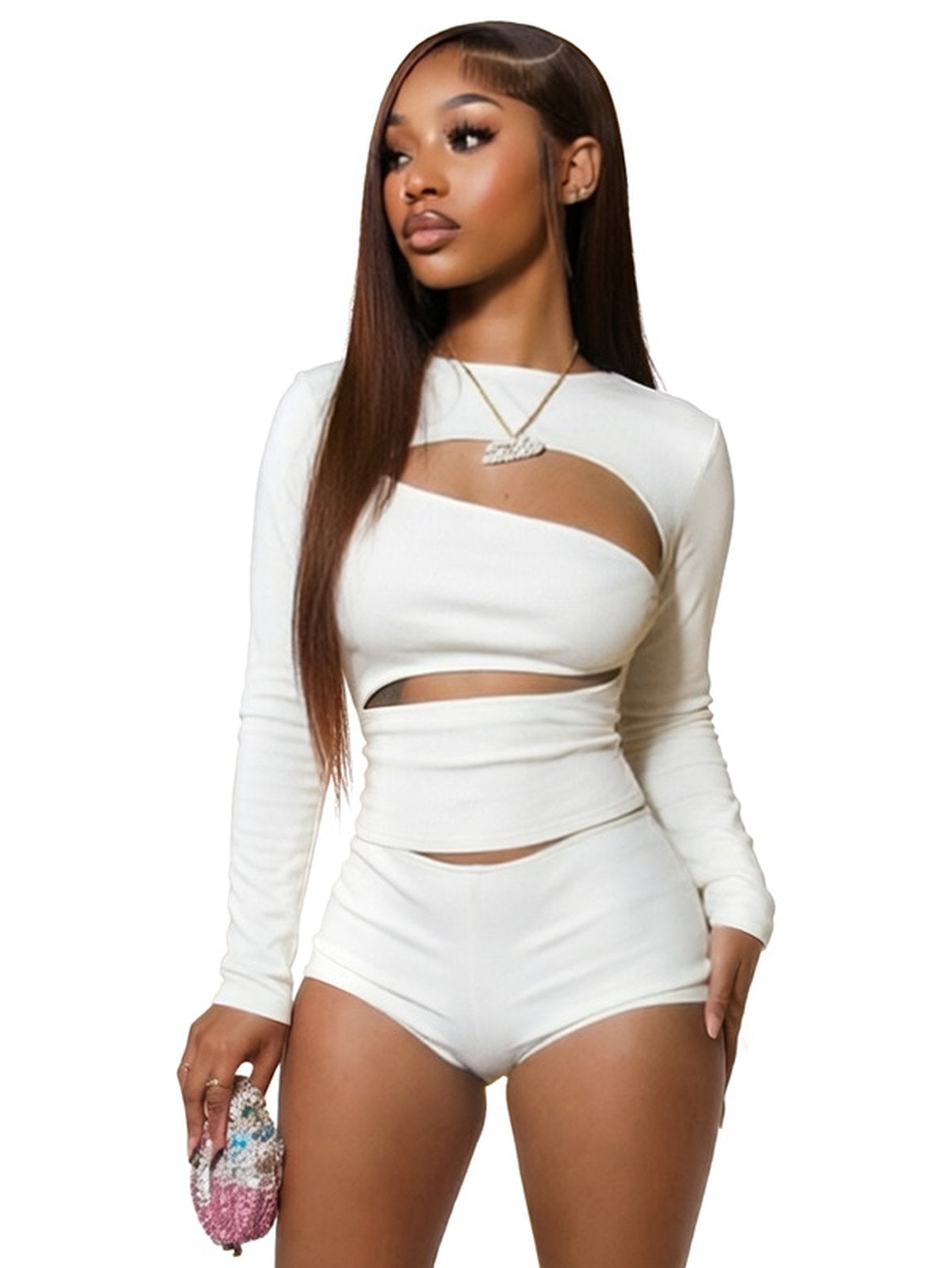 Ribbed Cutout Long Sleeve Short Set