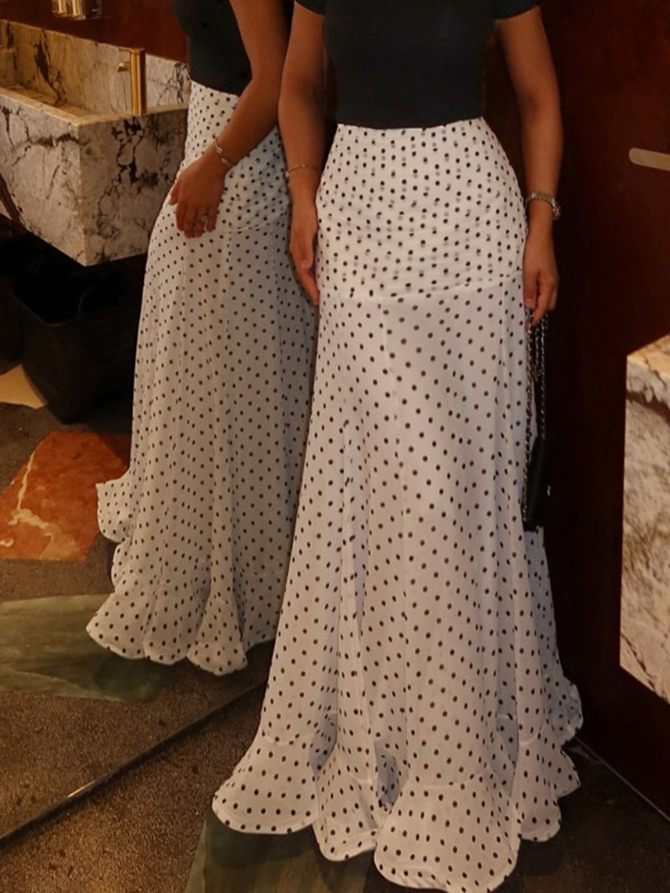 High Waisted Polka Dot Maxi Skirt
