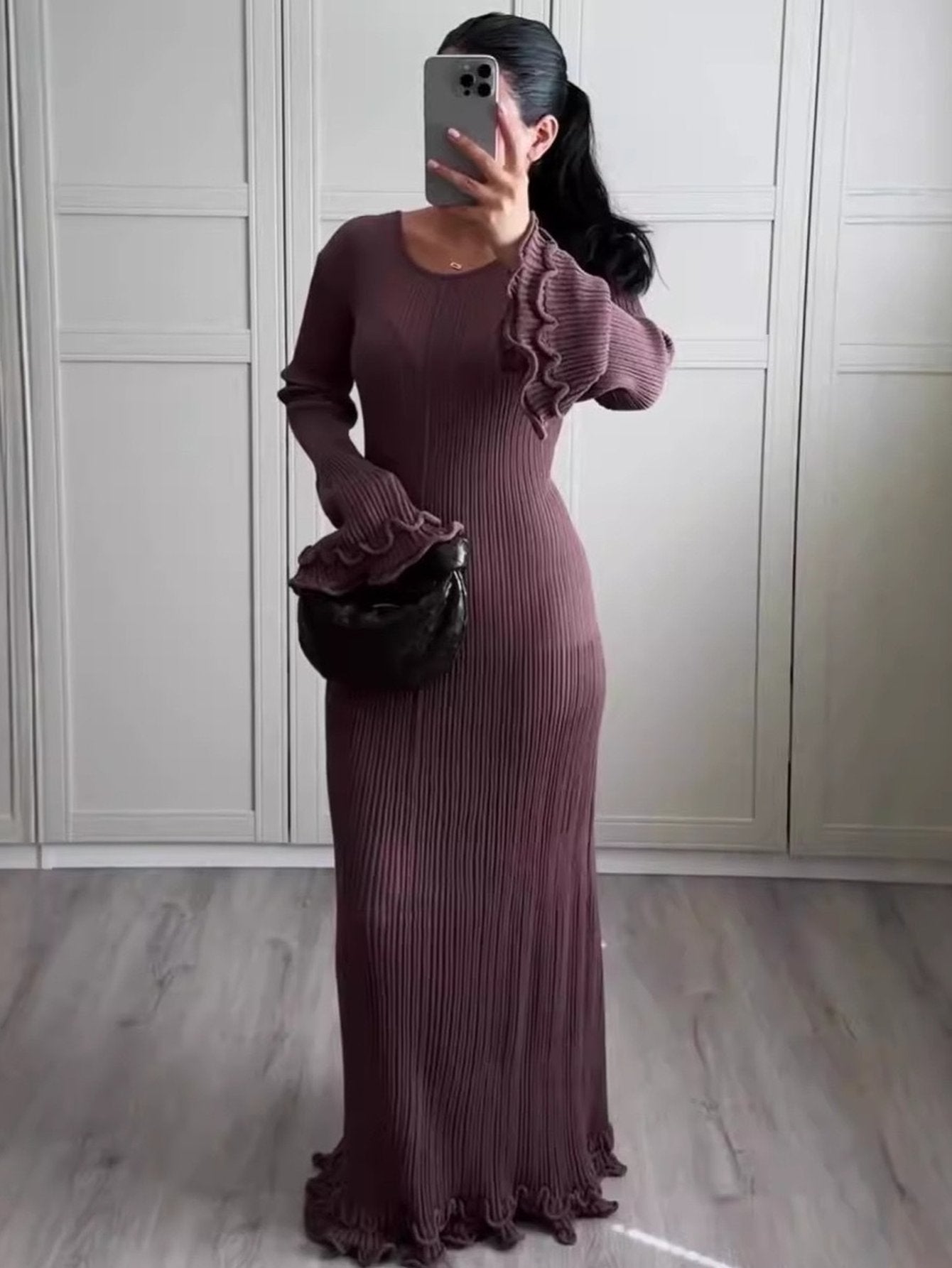 Flared Sleeve Ribbed Knit Dress
