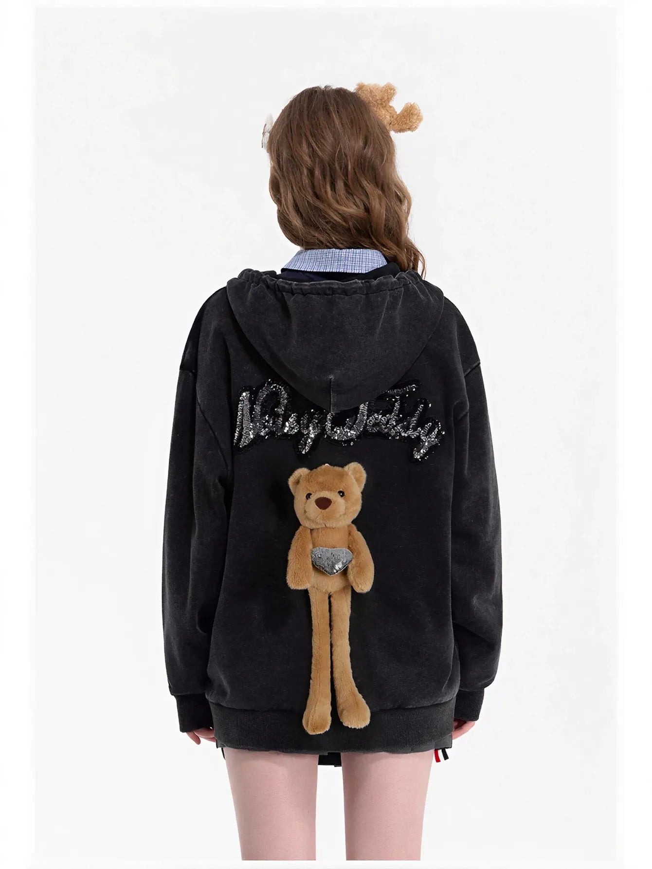 Sequin Embellished Teddy Bear Hooded Jacket