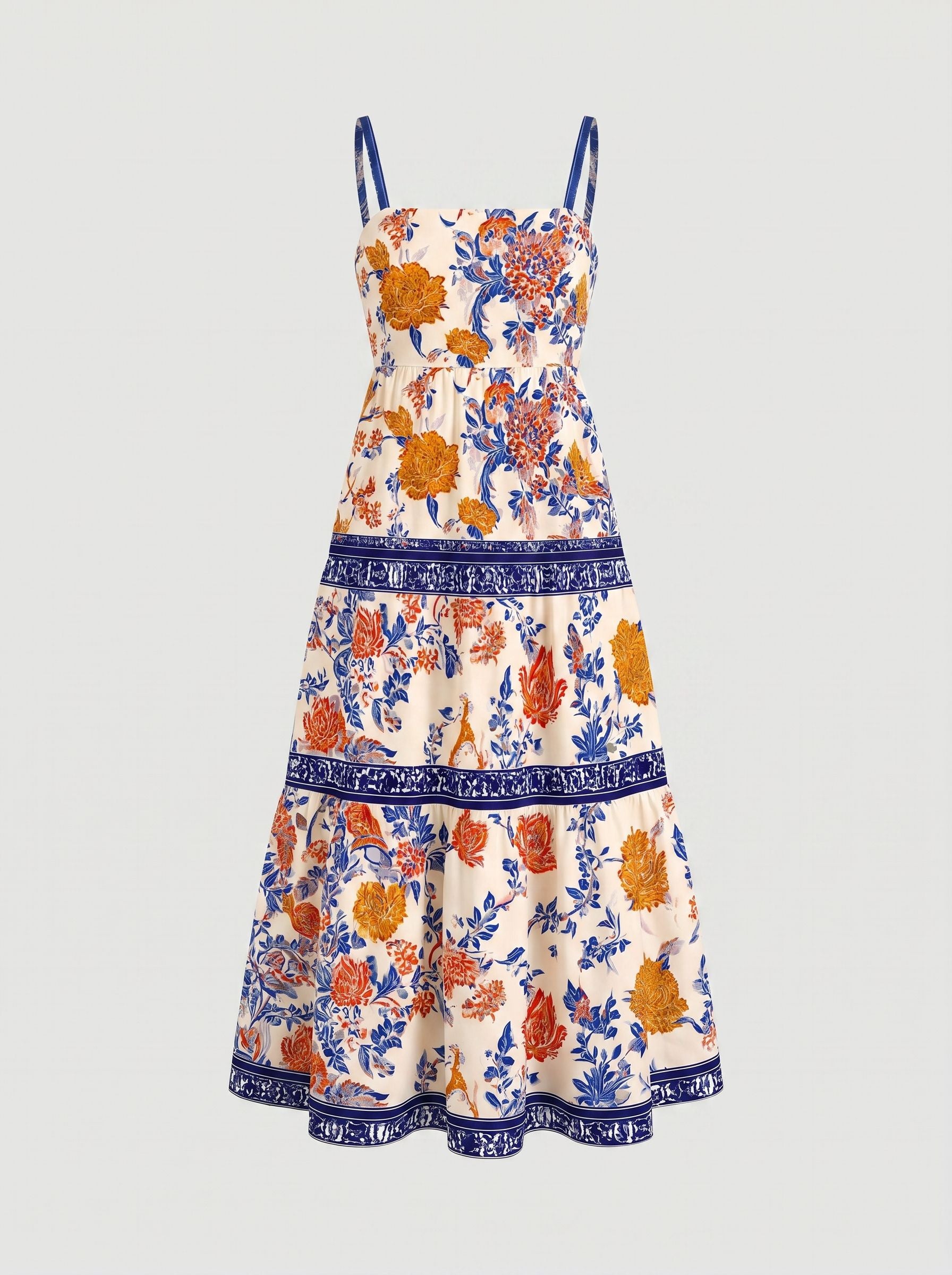 FLORA Floral Print Tiered Strap Midi Dress