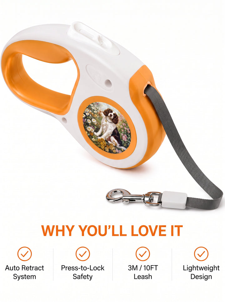 Springer Spaniel Dog in Flower Garden Retractable Dog Leash