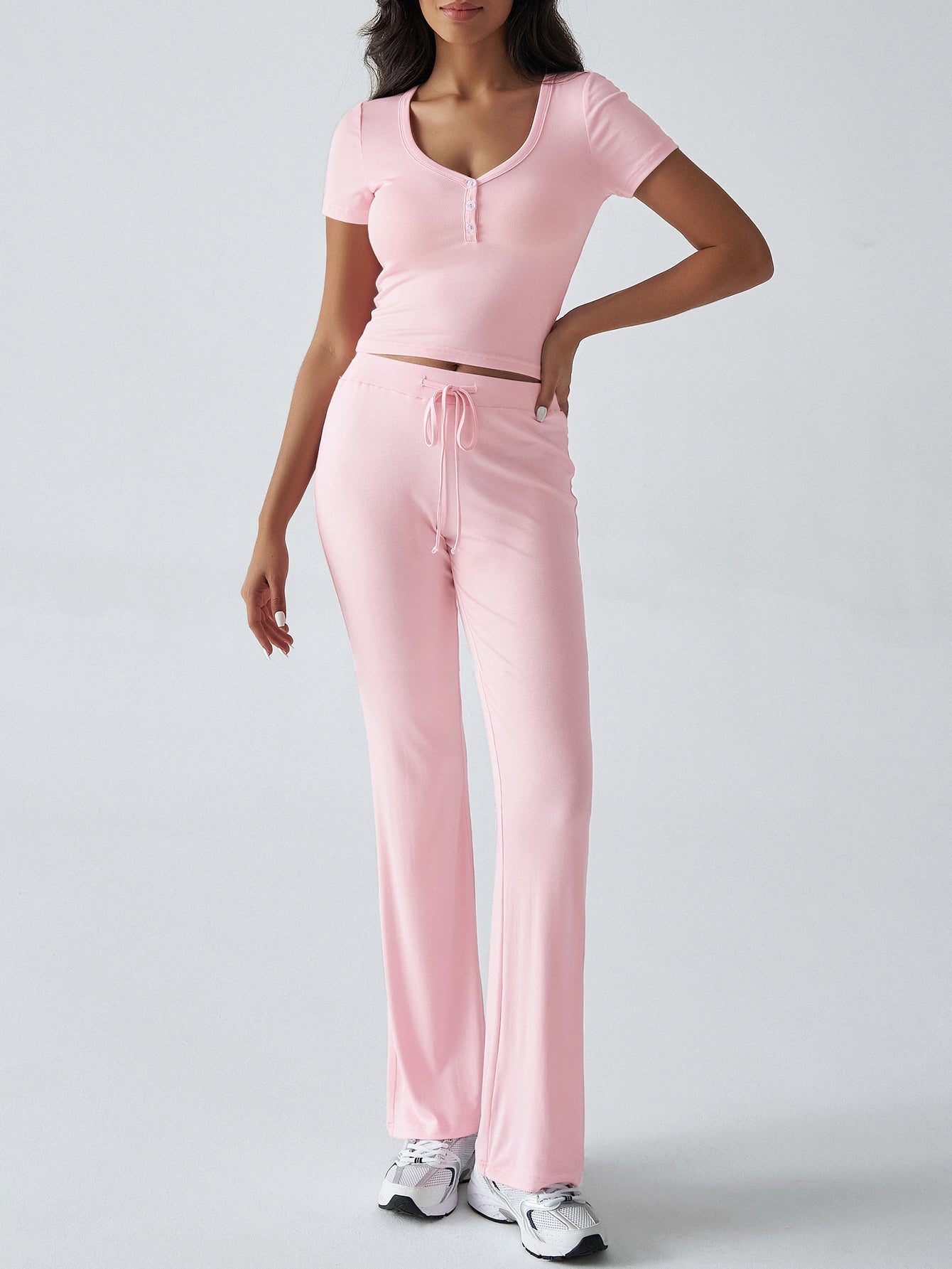 Short Sleeve Top High-Waisted Wide-Leg Pants Casual Set
