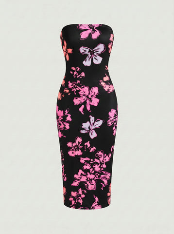 MAIA Floral Print Strapless Sheath Midi Dress
