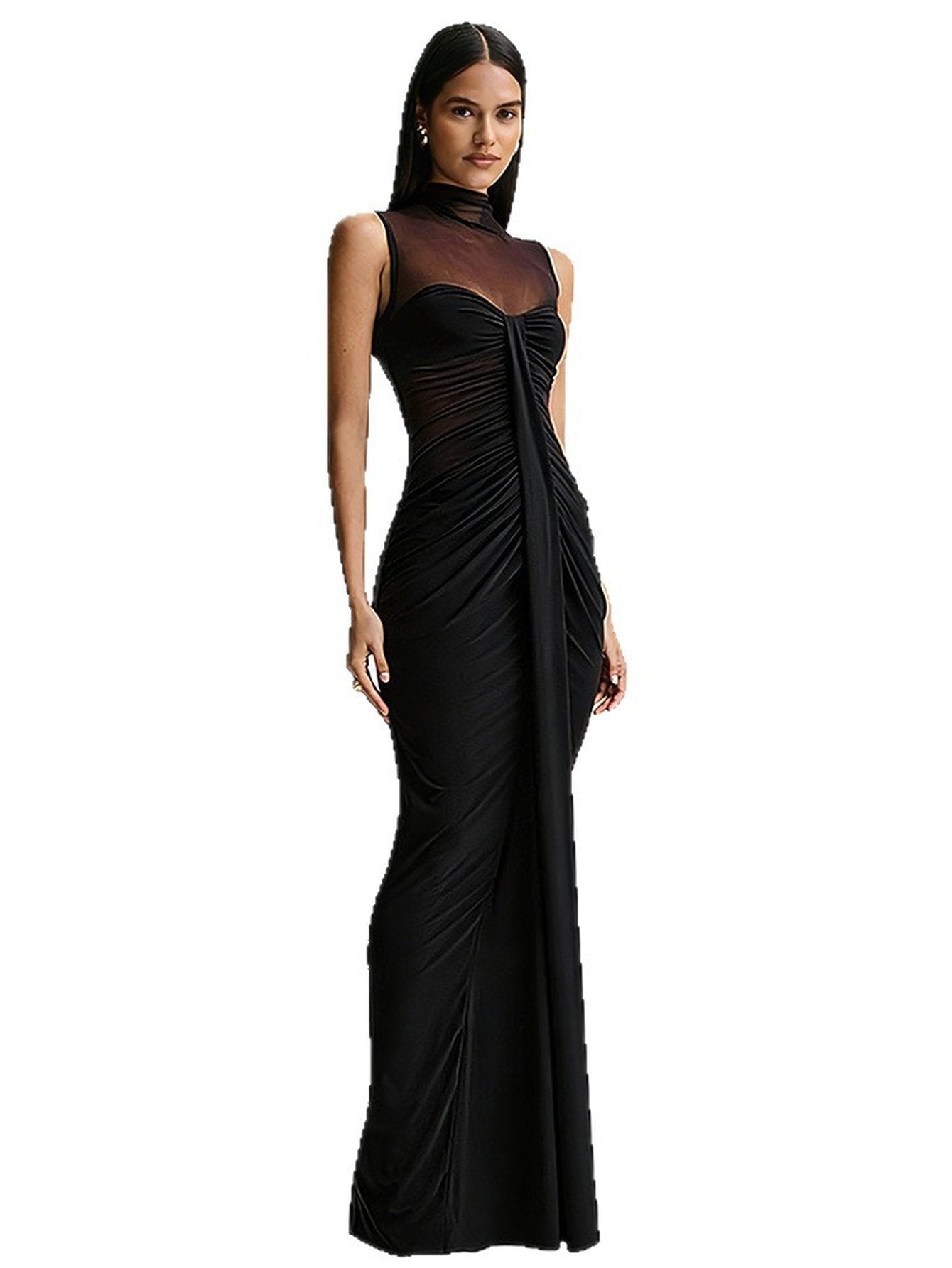 Mesh Mock Neck Ruched Maxi Dress