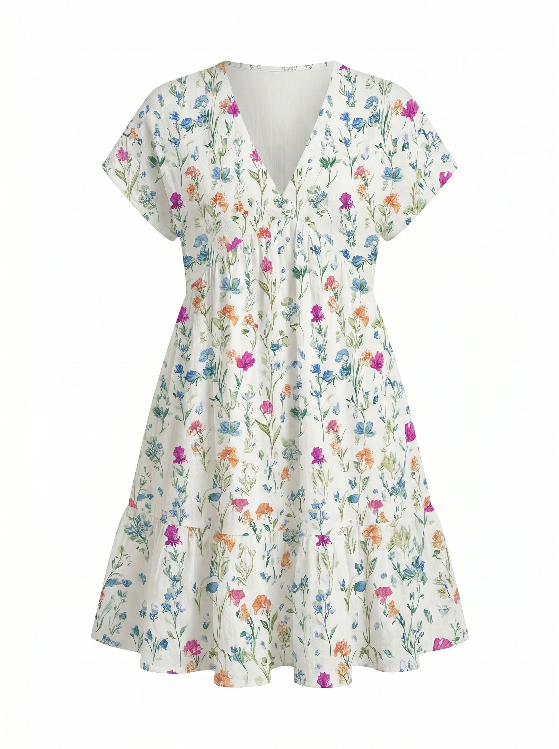 EVA Floral Print V Neck Tiered Babydoll Mini Dress