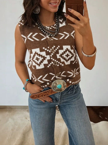 Boho Aztec Print Button Knit Vest