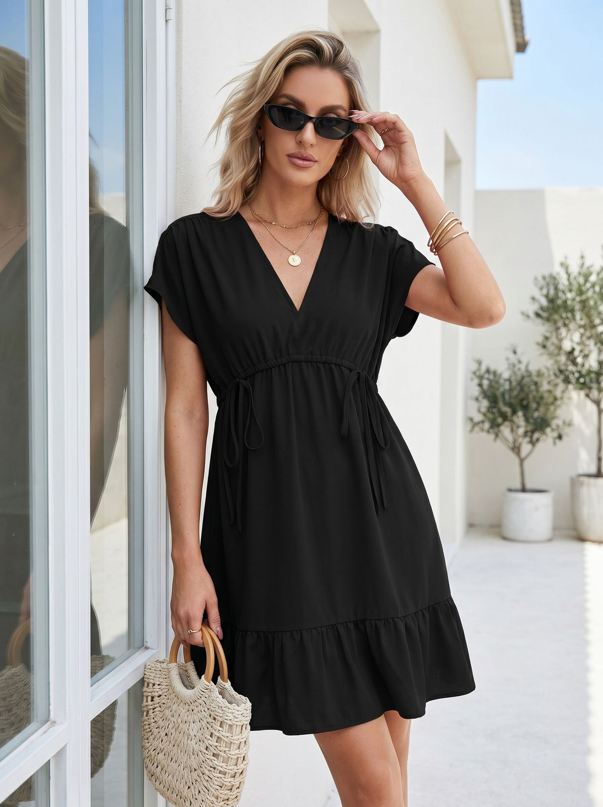 V Neck Drawstring Waist Mini Dress