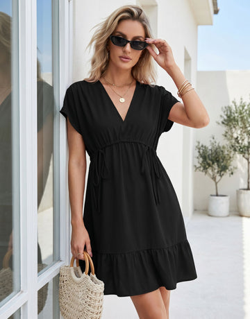 V Neck Drawstring Waist Mini Dress