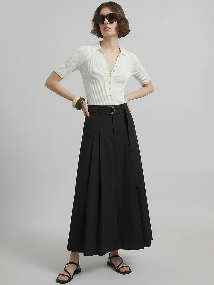 Belted A-line Pleated Skirt