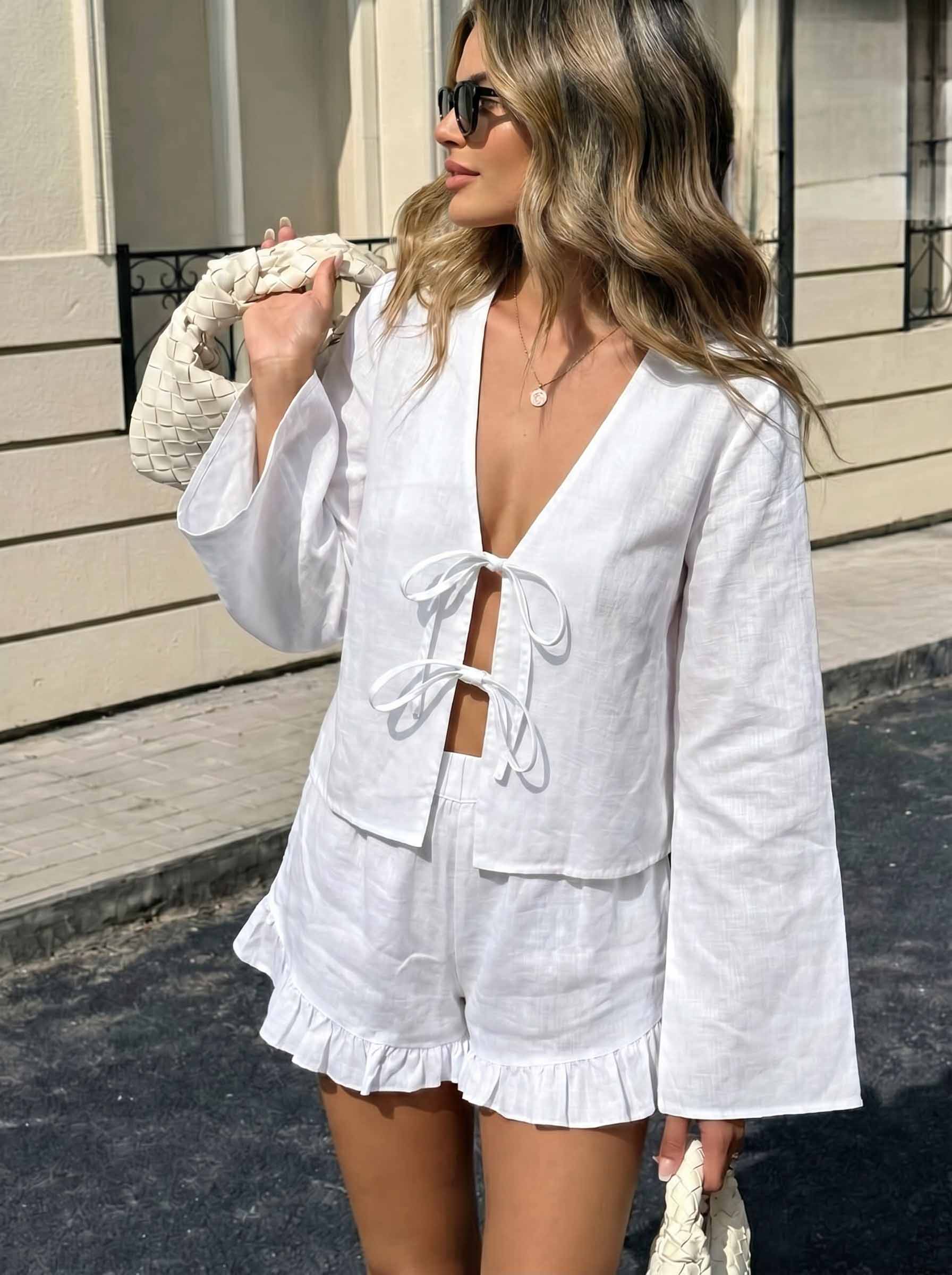 White Linen Tie Front Short Set