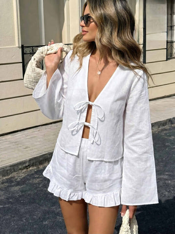 White Linen Tie Front Short Set