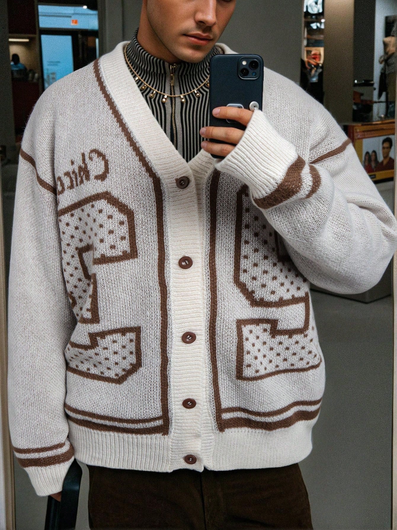Oversized Graphic Varsity Knit Cardigan