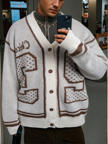 Oversized Graphic Varsity Knit Cardigan