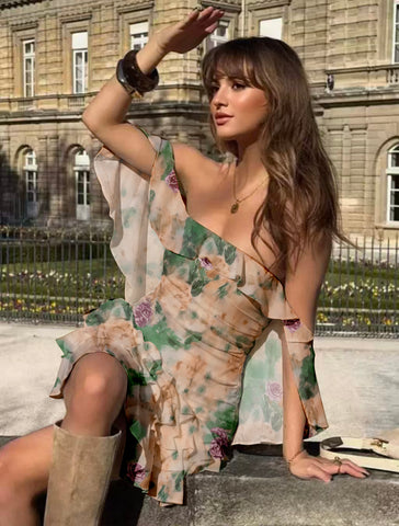 Floral Ruffled Off Shoulder Mini Dress