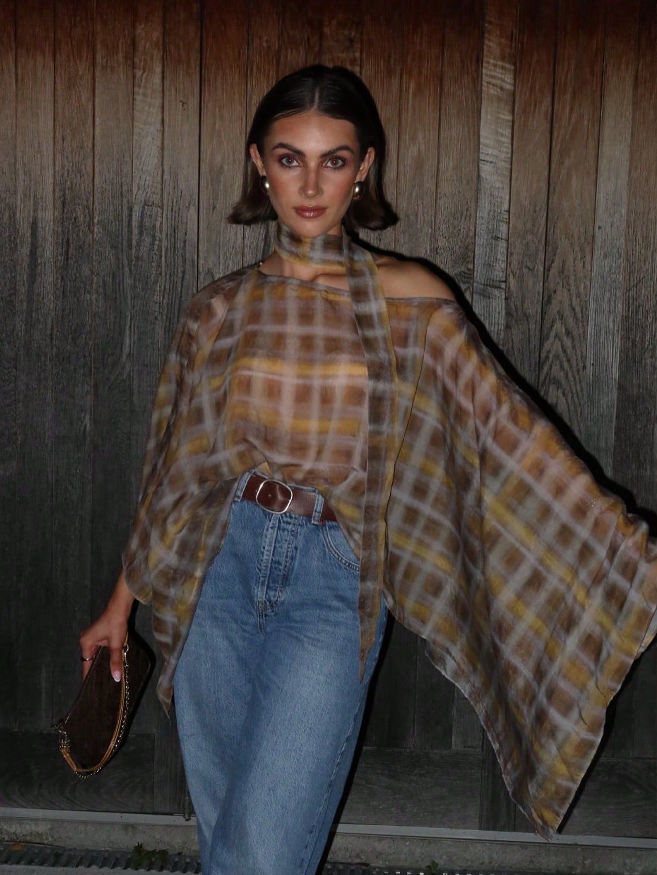 Plaid Chiffon Halter Neck Blouse