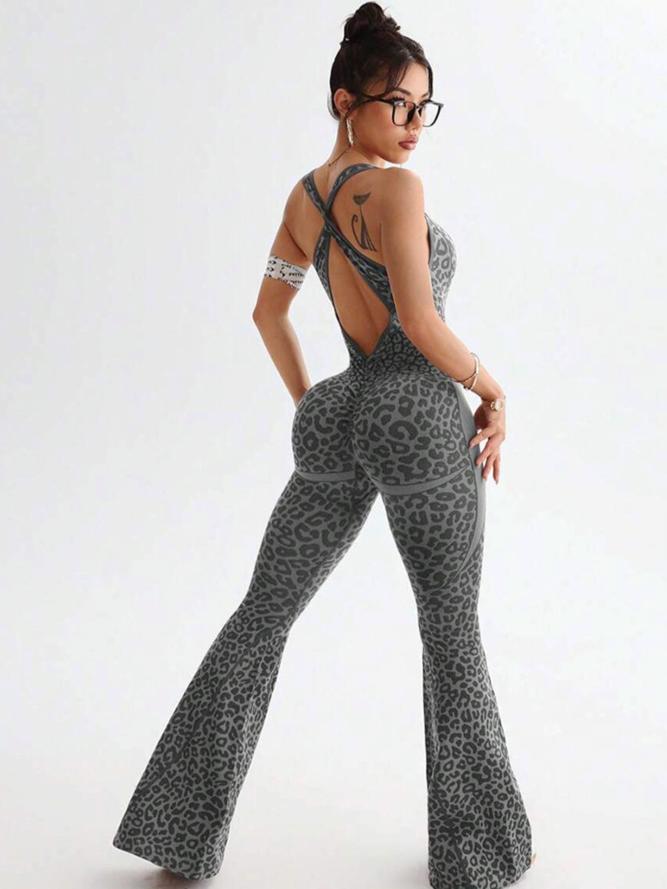 Leopard-Print Racerback Flared-Leg Workout Jumpsuit-Multicolor