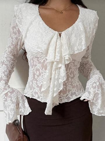 Elegant Ruffle Lace Long Sleeve Blouse