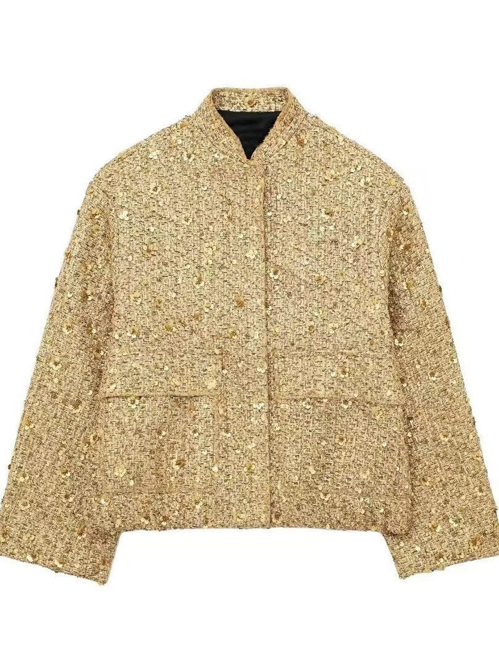 Shimmering Tweed Stand Collar Jacket
