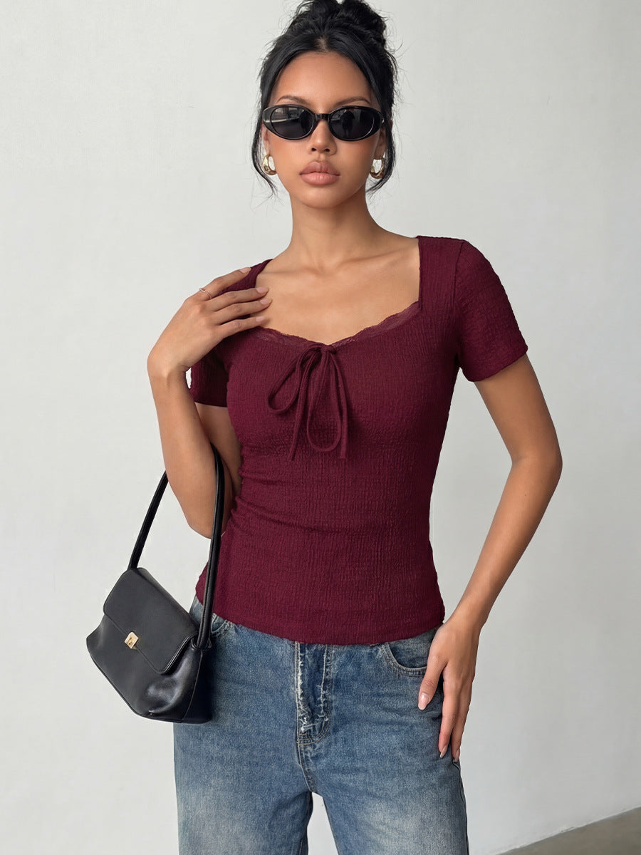 Smocked Lace Trim Tie Front T-Shirt